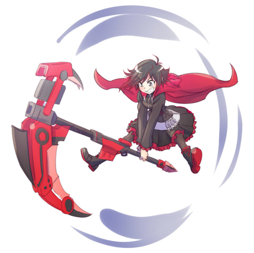 1girl boots cape crescent_rose grin highres iesupa jumping ruby_rose rwby scythe smile swing