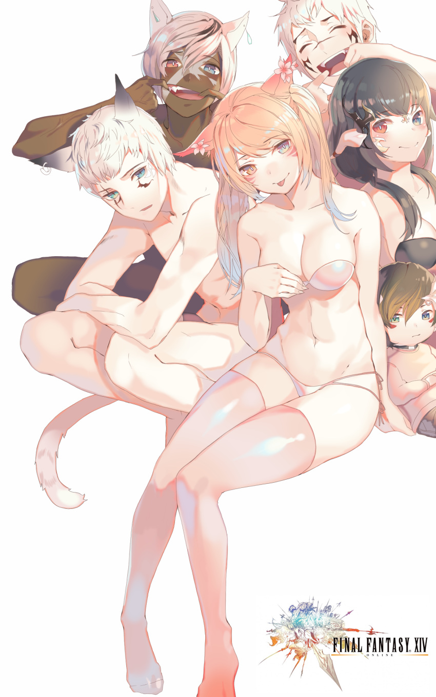 3boys 3girls :d :p :| ^_^ absurdres animal_ears aqua_eyes arm_at_side bangs bare_arms bare_legs bare_shoulders black_bra black_hair blue_eyes blush bra breasts brown_hair cat_ears cat_tail child cleavage closed_eyes collarbone copyright_name dark_skin earrings eyebrows eyebrows_visible_through_hair facial_mark fang final_fantasy final_fantasy_xiv finger_in_mouth flower forehead_jewel fur gradient_hair haekwon1023 hair_between_eyes hair_over_shoulder head_tilt heterochromia highres jewelry lalafell leaning_back long_hair long_sleeves looking_at_viewer low_twintails making_faces medium_breasts miqo'te mouth_pull multi-strapped_panties multicolored_hair multiple_boys multiple_girls navel no_shoes open_mouth panties parted_lips pink_legwear pointy_ears red_eyes ring scar shirtless short_hair side-tie_panties simple_background sitting slit_pupils smile squatting stomach strapless strapless_bra streaked_hair swept_bangs tail teeth thigh-highs tongue tongue_out twintails underwear underwear_only whisker_markings white_background white_hair white_panties yellow_eyes