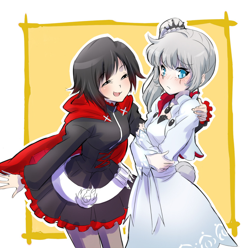 2girls arms_around_back blush closed_eyes crossed_arms highres iesupa multiple_girls ruby_rose rwby scar weiss_schnee