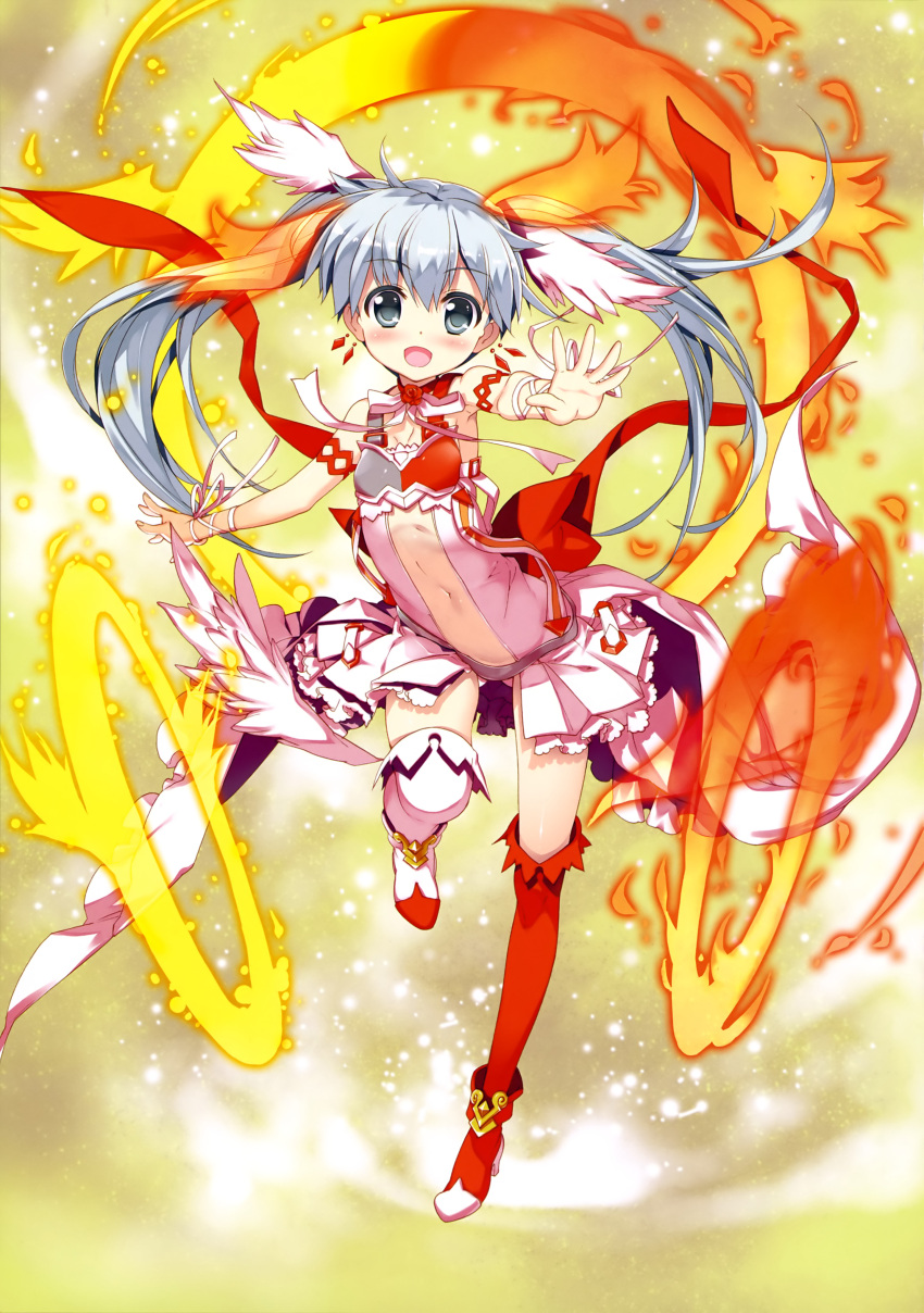 1girl absurdres asymmetrical_legwear boots breasts cleavage eyebrows eyebrows_visible_through_hair fujima_takuya grey_eyes grey_hair highres long_hair looking_at_viewer midriff navel one_leg_raised open_mouth red_boots ribbon small_breasts solo tama_(wixoss) thigh-highs thigh_boots transparent twintails white_boots white_ribbon wixoss wrist_ribbon