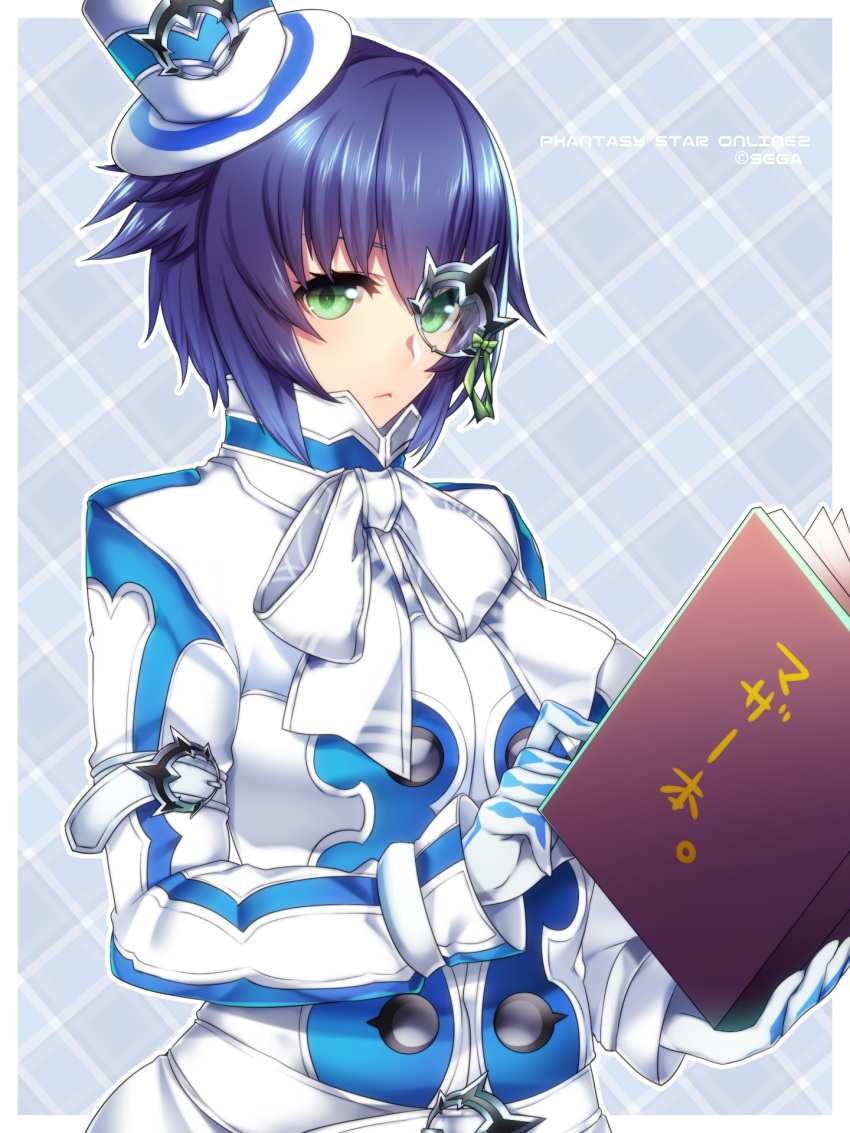 1girl :&lt; arm_belt belt book bow coat copyright_name gloves green_eyes hat highres looking_at_viewer mini_hat mini_top_hat monocle phantasy_star phantasy_star_online_2 phul_j_lasswitz short_hair solo top_hat white_gloves yutazou