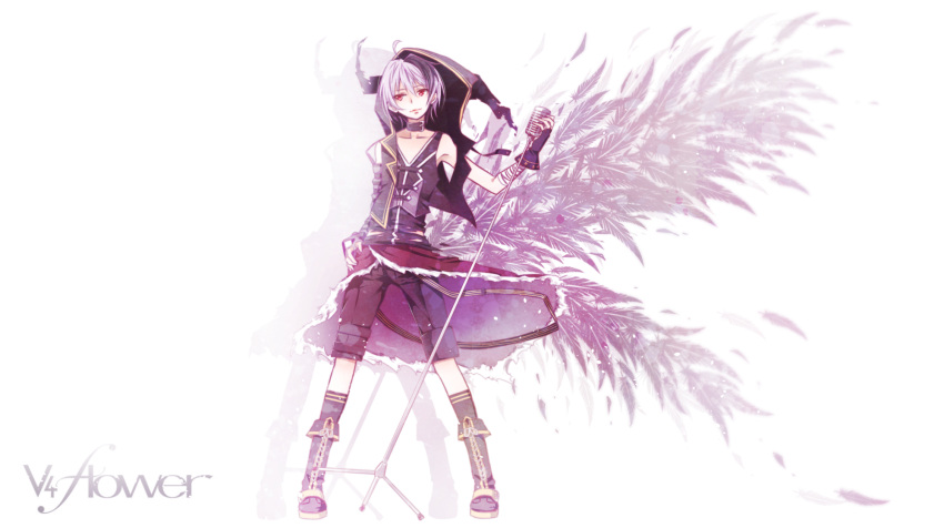 1girl androgynous bandaged_arm boots character_name choker feathers flower_(vocaloid) flower_(vocaloid4) full_body hand_on_hip highres holding_microphone hood hoodie lips looking_to_the_side microphone microphone_stand multicolored_hair orihara_sachiko red_eyes short_hair shorts sleeveless sleeveless_hoodie streaked_hair vocaloid