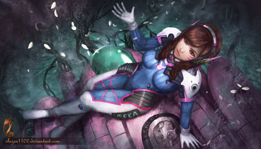 1girl absurdres acronym arm_at_side arm_cannon bodysuit boots bracer breasts breasts_apart brown_eyes brown_hair bunny_print cable closed_mouth d.va_(overwatch) eyelashes eyeliner facepaint facial_mark from_above gatling_gun gloves gun hand_up headphones highres legs_crossed legs_together long_hair long_sleeves looking_at_viewer makeup mecha medium_breasts meka_(overwatch) overwatch pauldrons petals pilot_suit pink_lips ribbed_bodysuit shizen1102 shoulder_pads signature sitting skin_tight solo thigh-highs thigh_boots thigh_strap turtleneck water watermark weapon web_address whisker_markings white_boots white_gloves
