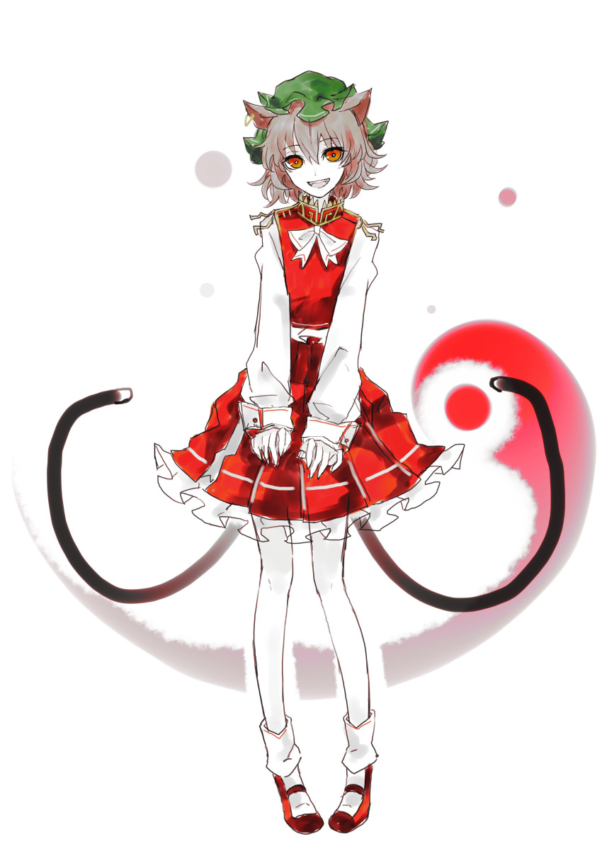 1girl absurdres animal_ears bow bowtie brown_hair cat_ears cat_tail chen fangs frilled_skirt frills full_body green_hat hat highres jewelry long_sleeves looking_at_viewer mary_janes mob_cap multiple_tails open_mouth orange_eyes red_shoes red_skirt red_vest shirt shoes short_hair single_earring skirt sleeve_cuffs smile solo standing tail touhou two_tails vest white_background white_bow white_bowtie white_legwear white_shirt white_skin yutapon