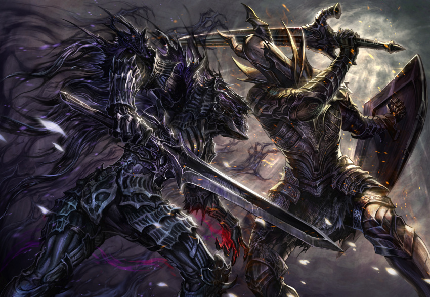 2boys armor battle black_knight_(dark_souls) cape commentary_request damaged dark_souls dark_souls_iii dark_wraith embers epic fighting_stance full_armor gauntlets greaves hands haze helmet highres knight light_rays manly multiple_boys muscle petals shield skull souls_(from_software) sunbeam sunlight sword touge_(kubiwa_tsuki) weapon