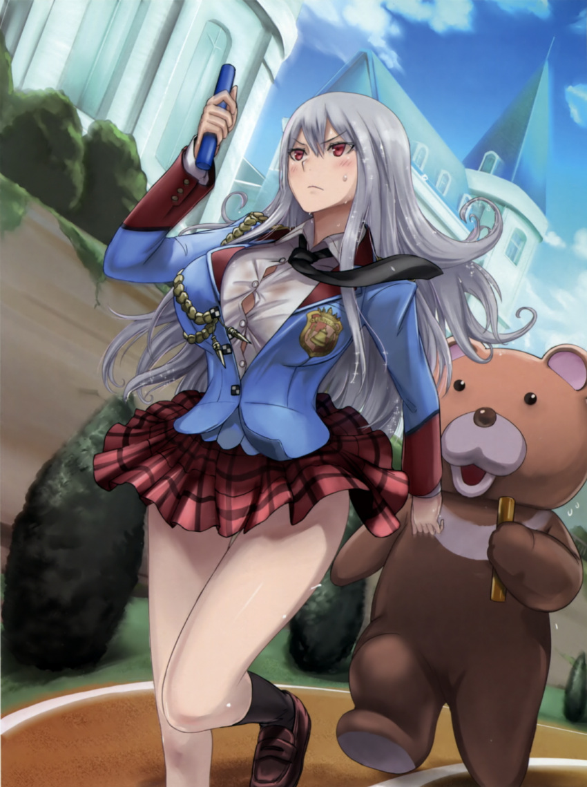 1girl alternate_costume animal_costume bear_costume blush blush_stickers breasts building bursting_breasts bush clouds cloudy_sky collared_shirt day highres jacket large_breasts long_hair motion_blur official_art red_eyes relay_baton relay_race running school_uniform selvaria_bles senjou_no_valkyria senjou_no_valkyria_1 senjou_no_valkyria_2 shirt shoes silver_hair skirt sky socks sweat sweatdrop tea_(nakenashi) track