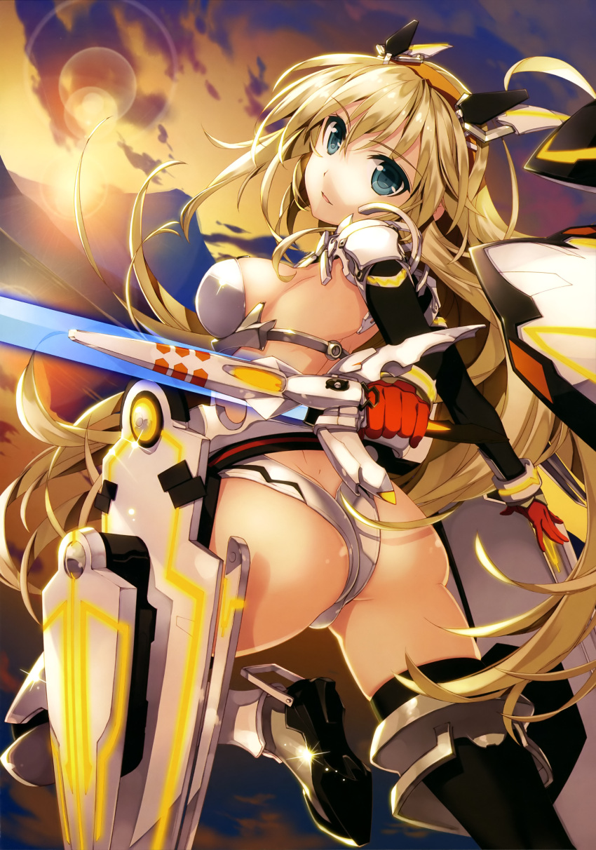 1girl absurdres armor armored_boots black_legwear blonde_hair blue_eyes boots breasts eyebrows eyebrows_visible_through_hair fujima_takuya gloves highres holding holding_sword holding_weapon lens_flare long_hair looking_at_viewer looking_back mecha_musume medium_breasts red_gloves rigel_(z/x) sideboob solo sword thigh-highs very_long_hair weapon white_leotard z/x
