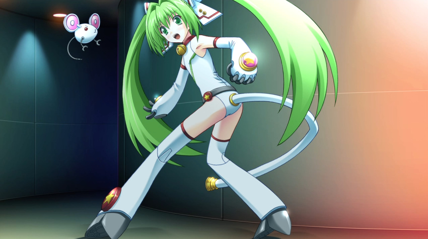 &gt;:&lt; 1girl animal_ears armpits ass bare_shoulders bell belt bow clenched_hand closed_mouth cow_bell detached_sleeves fin_(phantom_breaker) flat_ass flat_chest game_cg green_eyes green_hair hair_bow hair_ornament high_heels indoors legs_apart long_twintails looking_back mauchuu mouse_ears open_mouth pet phantom_breaker red_eyes robot shoe_soles sidelocks standing star star_print suzuhira_hiro tail twintails white_legwear white_leotard younger