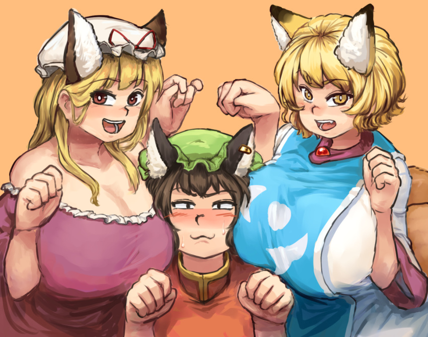 :3 :d animal_ears bangs bare_shoulders between_breasts blonde_hair blush breast_smother breasts breasts_on_shoulders brown_eyes brown_hair cat_ears cat_tail chanta_(ayatakaoisii) chen cleavage dress earrings extra_ears eyebrows eyebrows_visible_through_hair flustered fox_ears fox_tail frilled_dress frills girl_sandwich hat hat_ribbon height_difference huge_breasts jewelry kemonomimi_mode long_hair looking_at_viewer mob_cap multiple_girls multiple_tails nekomata no_hat no_headwear nose_blush off-shoulder_dress off_shoulder open_mouth orange_background paw_pose pillow_hat purple_dress ribbon sandwiched short_hair short_sleeves simple_background single_earring slit_pupils smile sweat tabard tail teeth touhou upper_body wide_sleeves yakumo_ran yakumo_yukari yellow_eyes