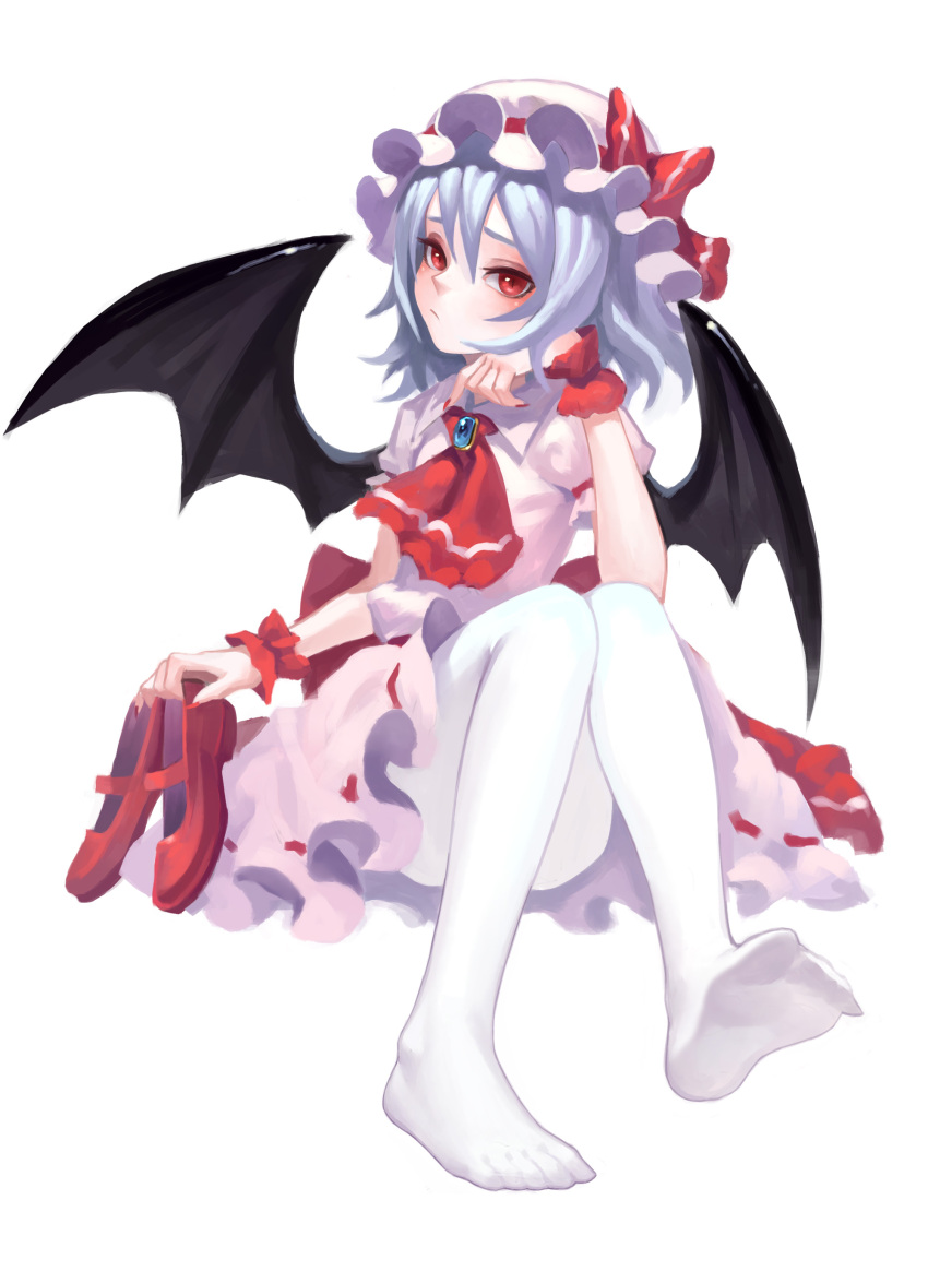 1girl absurdres ascot bangs bat_wings blush brooch commentary_request dress feet fkey frills hat hat_ribbon head_rest highres jewelry lavender_hair looking_at_viewer mary_janes mob_cap pantyhose pink_dress puffy_short_sleeves puffy_sleeves red_eyes red_ribbon remilia_scarlet revision ribbon shoes shoes_removed short_hair short_sleeves simple_background sitting skirt skirt_set solo touhou white_background white_legwear wings wrist_cuffs