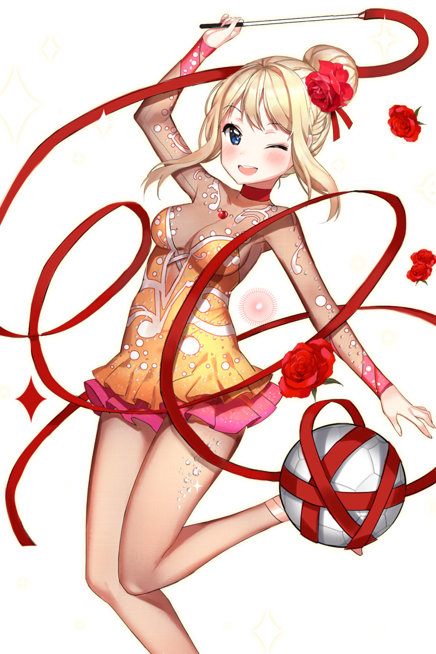 1girl ;d blonde_hair blue_eyes breasts cleavage dr_poapo fishnets flower gymnastics hair_bun highres lemy one_eye_closed open_mouth pink_skirt red_ribbon rhythmic_gymnastics ribbon rose skirt smile soccer_spirits solo standing standing_on_one_leg