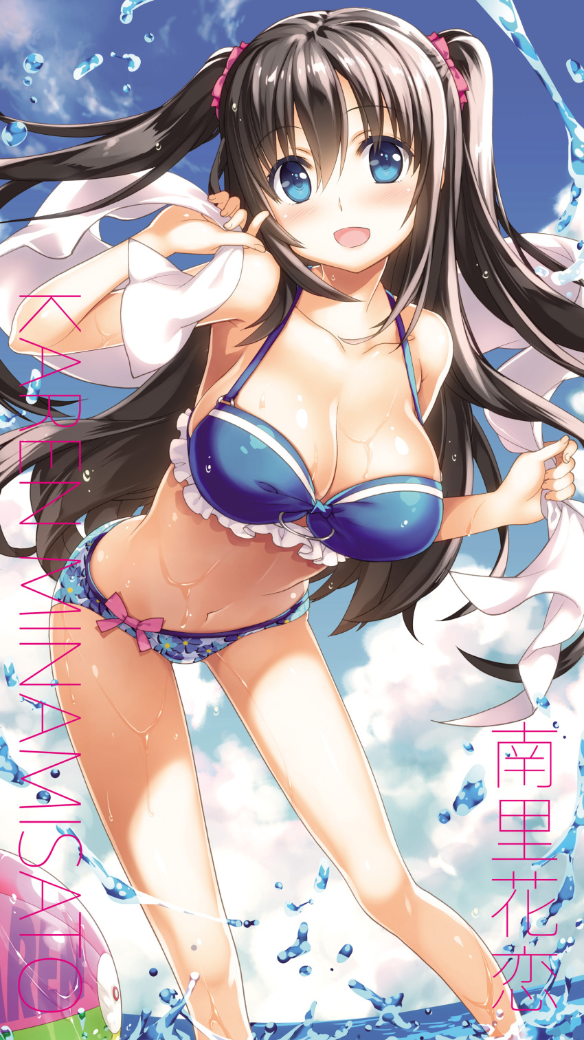 1girl 29_to_jk :d absurdres ball beachball bikini black_hair blue_bikini blue_eyes blush breasts clouds collarbone day fisheye frilled_bikini frills hair_ornament highres large_breasts leaning_forward looking_at_viewer minamisato_karen navel o-ring_top open_mouth outdoors shiny shiny_skin sky smile solo swimsuit twintails two_side_up water wet yan-yam