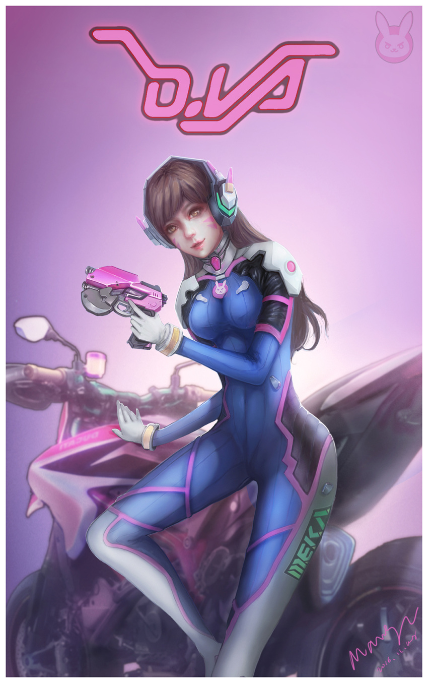 1girl 2016 acronym artist_name bangs bodysuit boots bracer breasts brown_eyes brown_hair bunny_print character_name covered_navel cowboy_shot d.va_(overwatch) eyelashes facepaint facial_mark gloves ground_vehicle gun hand_up handgun headphones highres holding holding_gun holding_weapon legs_apart lipstick long_hair long_sleeves looking_at_viewer makeup medium_breasts motor_vehicle motorcycle nose overwatch parted_lips pauldrons pilot_suit pink_lips pink_lipstick ribbed_bodysuit shoulder_pads signature skin_tight smile solo standing standing_on_one_leg thigh-highs thigh_boots thigh_strap trigger_discipline turtleneck vehicle weapon whisker_markings white_boots white_gloves