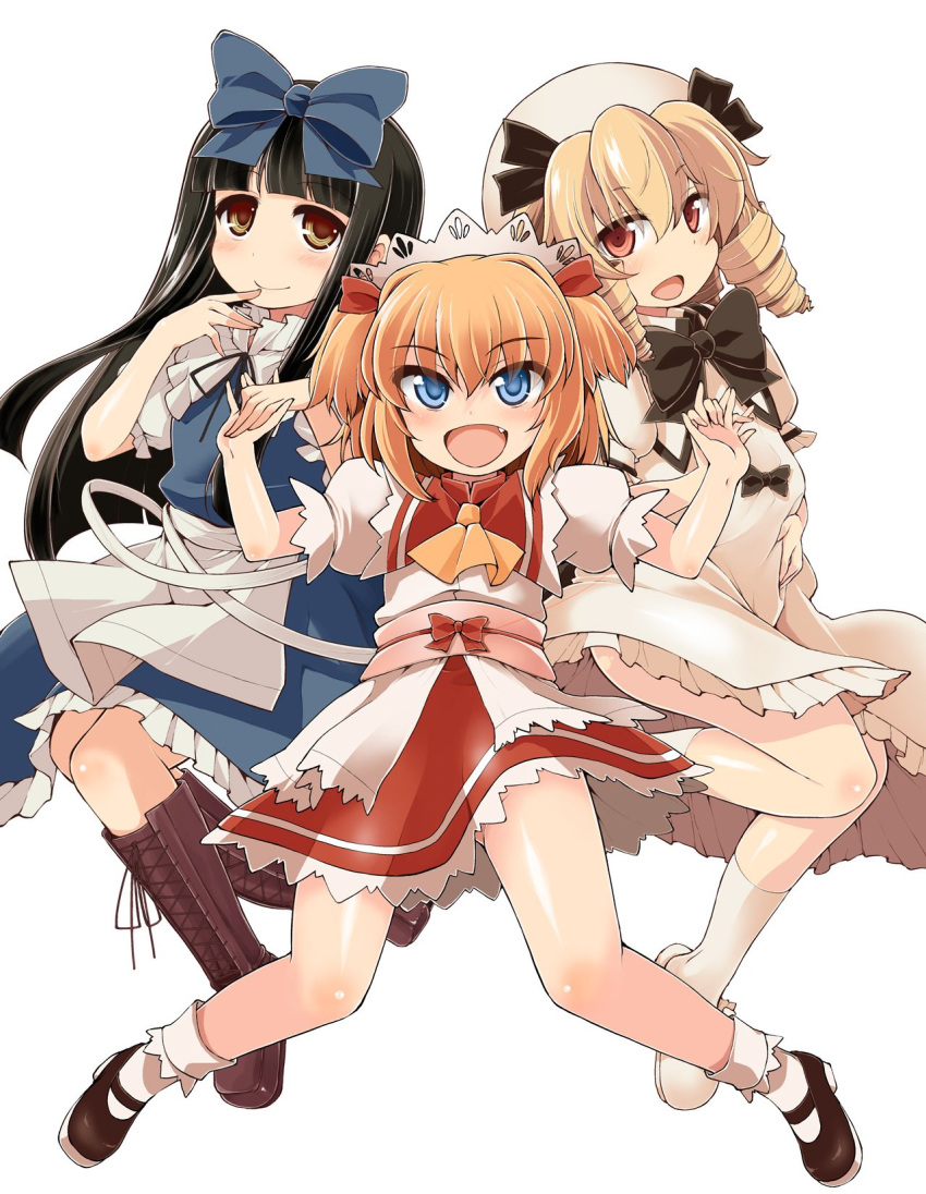 3girls apron black_hair blue_dress blue_eyes boots bow brown_eyes brown_hair curly_hair dress fang fuurisuto hand_holding hat highres knee_boots kneehighs long_hair luna_child mary_janes multiple_girls no_panties open_mouth ribbon shoes short_hair short_twintails slippers smile socks star_sapphire sunny_milk touhou twintails two_side_up white_dress white_legwear
