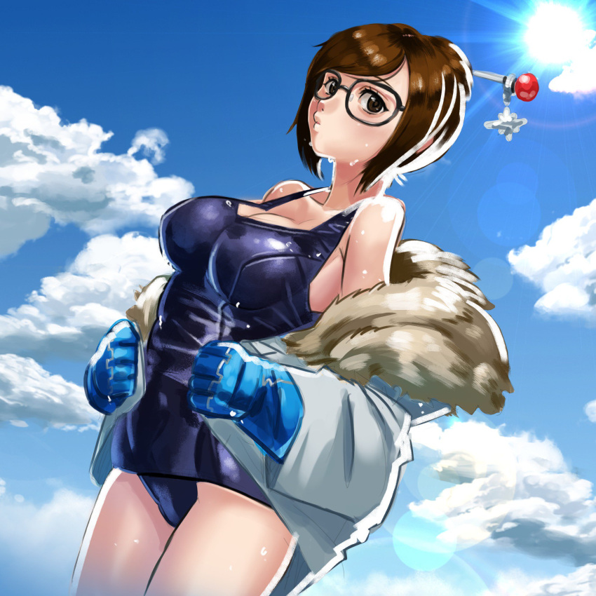 1girl bangs bare_shoulders beads black-framed_eyewear blue_coat blue_gloves blue_sky blue_swimsuit breasts clouds cloudy_sky coat collarbone cowboy_shot day fur-lined_jacket fur_coat fur_trim glasses gloves hair_bun hair_ornament hair_stick highres large_breasts legs_together light_rays mei_(overwatch) old_school_swimsuit one-piece_swimsuit open_clothes open_coat overwatch parted_lips school_swimsuit short_hair sidelocks skin_tight sky snowflake_hair_ornament solo sun sunlight swept_bangs swimsuit tanukimaso undressing winter_clothes winter_coat
