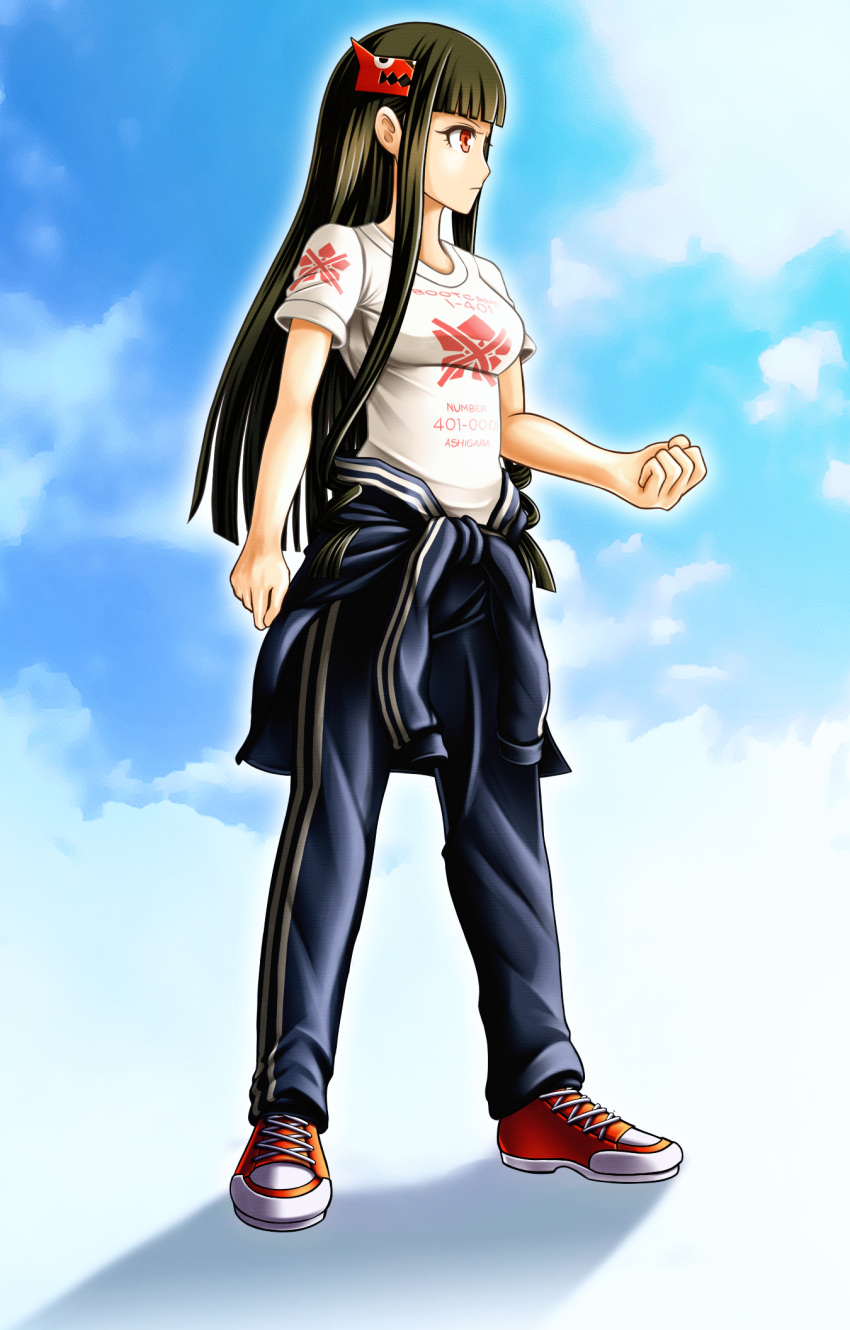 1girl aoki_hagane_no_arpeggio ashigara_(aoki_hagane_no_arpeggio) black_hair blue_jacket clenched_hand clothes_around_waist clothes_writing day exis hair_ornament highres jacket jacket_around_waist logo pants profile red_eyes shirt shoes sky sneakers solo standing t-shirt track_jacket track_pants track_suit