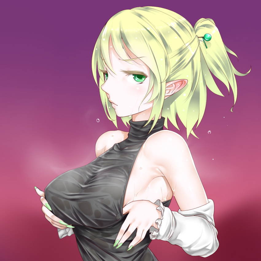 1girl adjusting_clothes alternate_hairstyle arm_warmers bare_shoulders blonde_hair breasts detached_sleeves green_eyes green_nails hair_ornament hairpin highres kuranosuke lips looking_at_viewer mizuhashi_parsee nail_polish pointy_ears sideboob sleeveless sleeveless_turtleneck solo touhou turtleneck wet wet_clothes