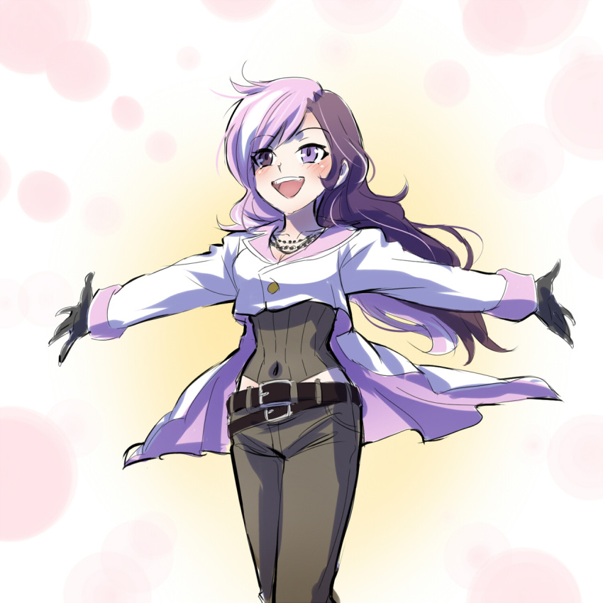 1girl :d black_pants brown_eyes covered_navel gloves heterochromia highres iesupa jewelry long_hair multicolored_eyes multicolored_hair necklace neo_(rwby) open_mouth outstretched_arms pants pink_hair rwby smile solo spread_arms violet_eyes