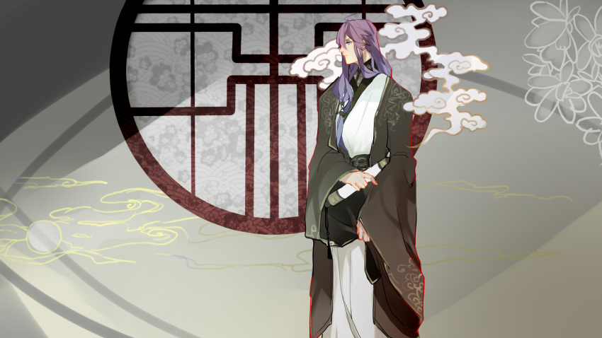 1boy ahoge blue_eyes flower full_body hair_down highres japanese_clothes kamui_gakupo male_focus mioky ponytail purple_hair seigaiha sleeve_tug smoke solo vocaloid wide_sleeves