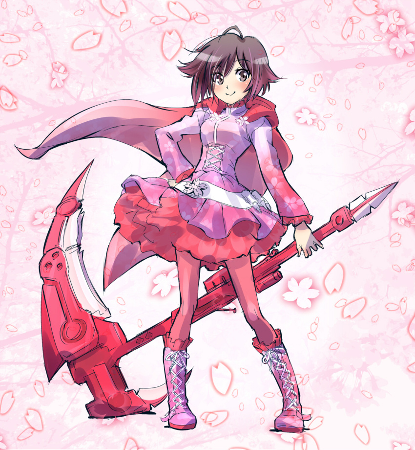 1girl :&gt; alternate_color black_hair blush boots branch cape cherry_blossoms corset crescent_rose cross-laced_footwear full_body gradient_hair hand_on_hip highres iesupa multicolored_hair pantyhose petals ruby_rose rwby scythe solo tree wind wind_lift