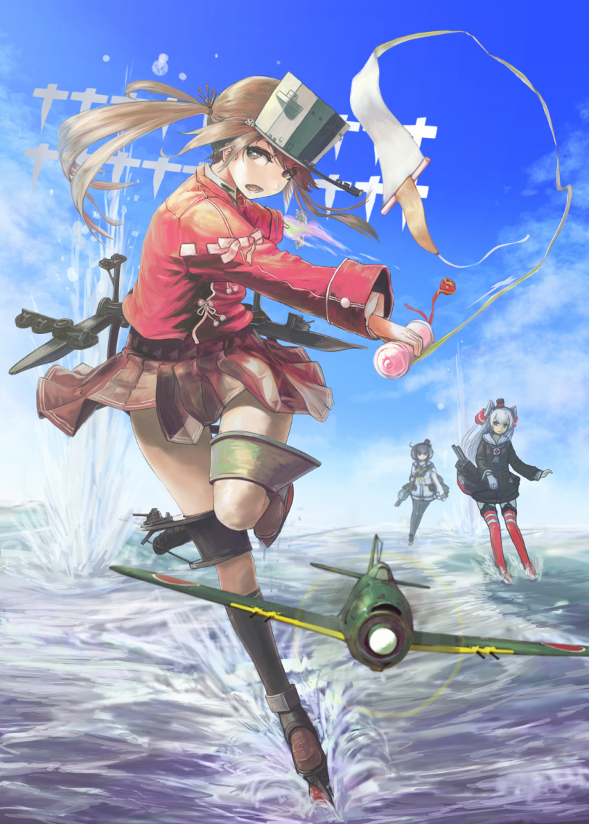 3girls aircraft airplane amatsukaze_(kantai_collection) bent_knees blurry breasts brown_dress brown_eyes brown_hair commentary_request depth_of_field dress full_body garter_straps highres japanese_clothes kantai_collection kariginu leg_up long_hair looking_at_viewer magatama miniskirt multiple_girls nito_(nshtntr) ocean perspective pleated_skirt red_legwear ripples ryuujou_(kantai_collection) scroll serious shikigami short_dress short_hair silver_hair single_glove skirt skirt_lift small_breasts standing standing_on_liquid standing_on_one_leg thigh-highs tokitsukaze_(kantai_collection) twintails two_side_up visor_cap water wind wind_lift