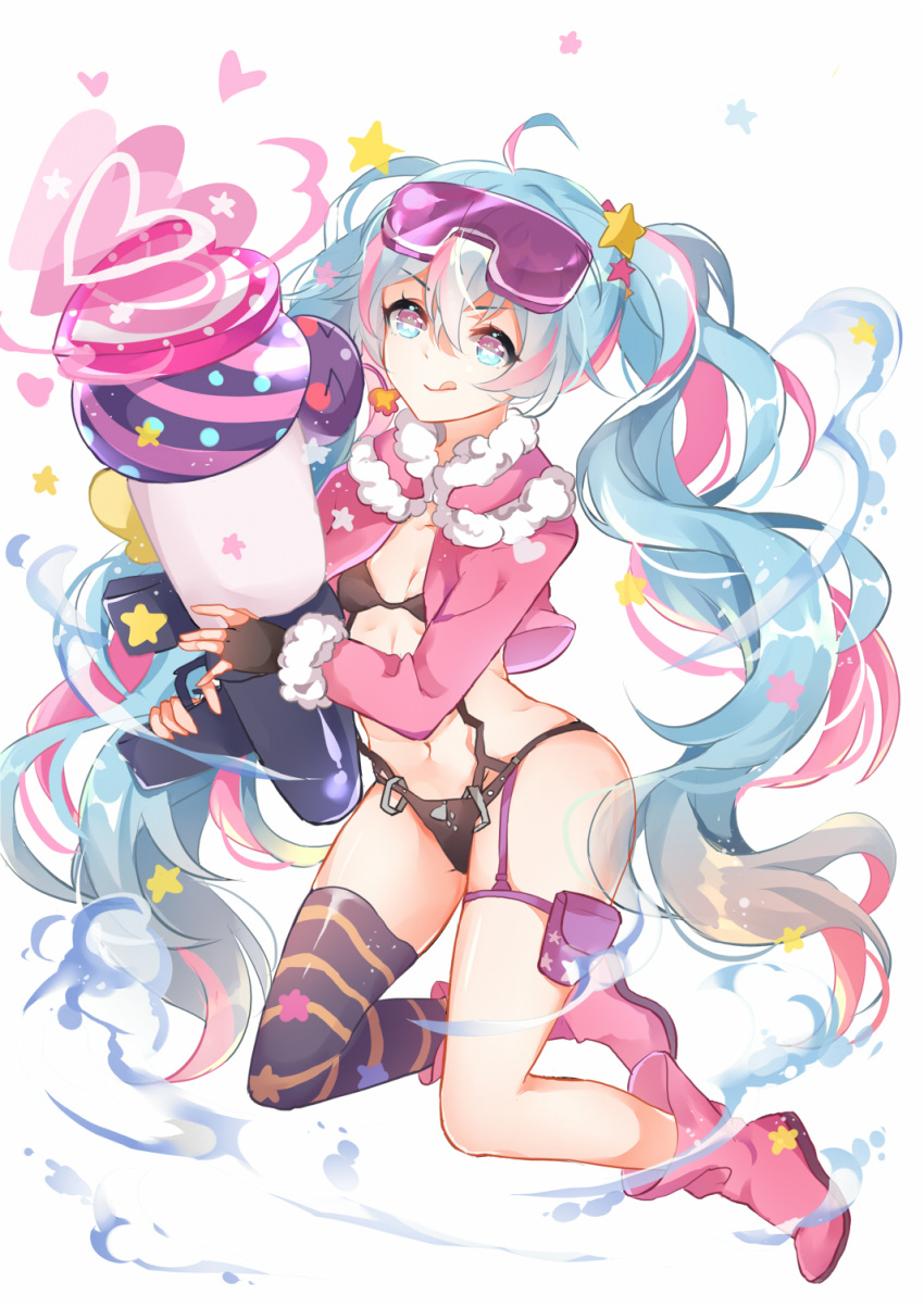 1girl absurdly_long_hair ahoge asymmetrical_legwear black_bra black_gloves black_legwear black_panties blue_eyes blue_hair boots bra breasts chuor_(chuochuoi) cleavage fingerless_gloves glasses_on_head gloves hair_between_eyes hair_ornament hatsune_miku heart highres holding long_hair navel panties pink_boots simple_background small_breasts star star_hair_ornament thigh-highs thigh_strap tongue tongue_out twintails underwear very_long_hair vocaloid white_background