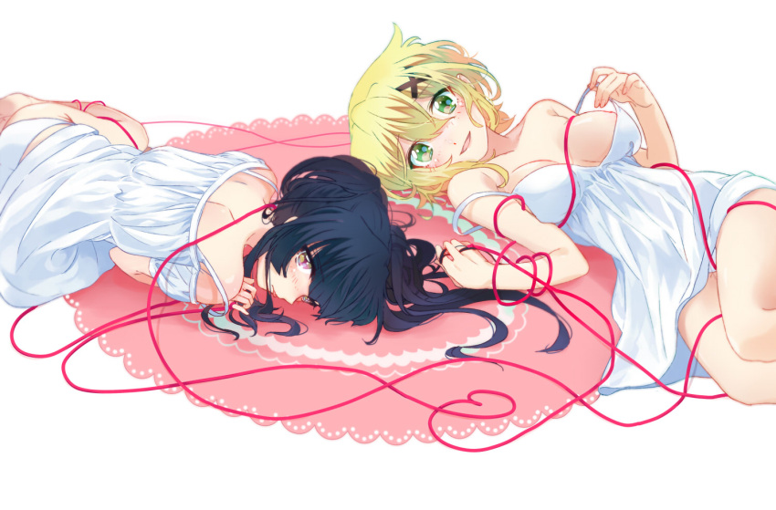 2girls :p akatsuki_kirika bare_shoulders black_hair blonde_hair blush breasts collarbone dress green_eyes hair_ornament long_hair looking_at_viewer lying multiple_girls off_shoulder on_back on_stomach open_mouth panties red_string senki_zesshou_symphogear short_hair shoulder_blades smile strap_slip string tongue tongue_out tsukuyomi_shirabe twintails underwear violet_eyes wada_chiyon white_dress white_panties x_hair_ornament