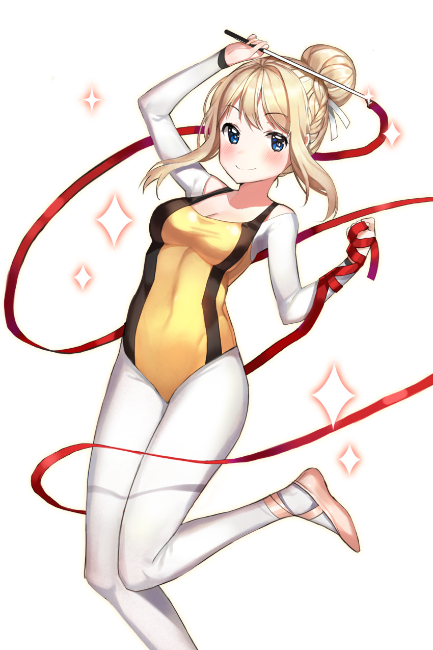 1girl ballet_slippers baton blonde_hair blue_eyes blush breasts cleavage dr_poapo highres lemy leotard looking_at_viewer red_ribbon ribbon smile soccer_spirits solo standing standing_on_one_leg