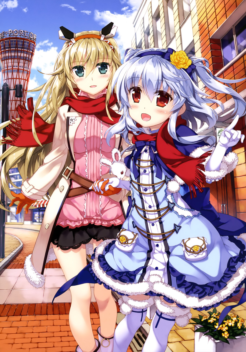 2girls absurdres animal_ears aqua_eyes black_skirt blonde_hair blue_bow blue_ribbon bow breasts capelet cat_tail dress elbow_gloves eyebrows eyebrows_visible_through_hair flower fujima_takuya gloves hair_between_eyes hair_flower hair_ornament hairband hand_holding highres index_finger_raised interlocked_fingers kagamihara_azumi long_hair looking_at_viewer lying medium_breasts multiple_girls neck_ribbon on_side open_mouth orange_gloves orange_hairband outdoors pink_shirt rabbit_ears red_eyes red_scarf ribbon rigel_(z/x) road scarf shared_scarf shirt silver_hair skirt street tail thigh-highs white_gloves white_legwear yellow_flower z/x