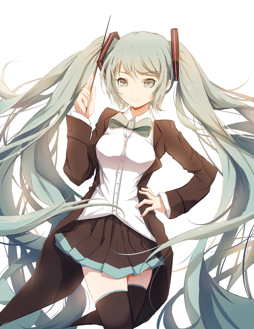 1girl bangs bow bowtie breasts buttons coat coattails collared_shirt eyebrows eyebrows_visible_through_hair eyelashes green_eyes green_hair hand_on_hip hatsune_miku highres holding lengchan_(fu626878068) long_hair long_sleeves looking_at_viewer matching_hair/eyes pleated_skirt pointer shirt simple_background skirt smile solo thigh-highs tied_hair twintails vocaloid white_background
