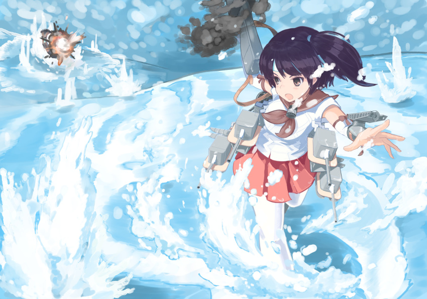 artist_request black_hair brown_eyes detached_sleeves explosion highres kantai_collection nagara_(kantai_collection) ocean short_hair side_ponytail water weapon white_legwear