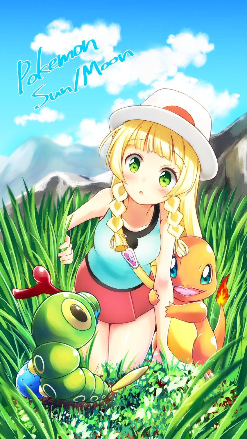 1girl blonde_hair blue_(pokemon) blue_(pokemon)_(cosplay) braid caterpie charmander cosplay grass green_eyes hat highres lillie_(pokemon) long_hair mountain pokemon pokemon_(creature) pokemon_(game) pokemon_frlg pokemon_sm red_skirt shiitake_taishi skirt sky sleeveless twin_braids