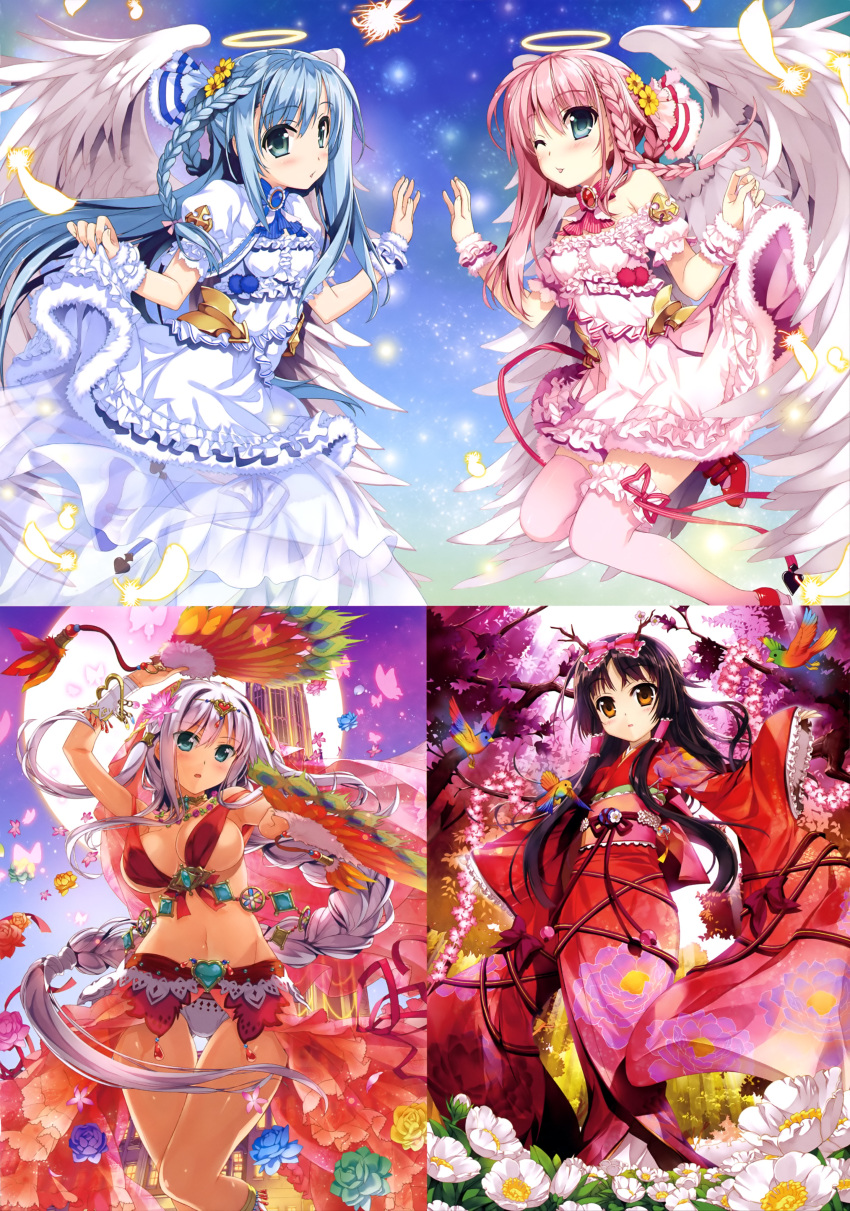 4girls absurdres angel arm_up bird black_hair blue_eyes blue_flower blue_hair blue_ribbon blue_shoes bow braid breasts brown_eyes butterfly cleavage dress eyebrows eyebrows_visible_through_hair feathered_wings forest fujima_takuya green_flower groin hair_bow hair_ribbon highres holding_fan japanese_clothes kimono large_breasts long_hair looking_at_viewer moon multiple_girls nature navel one_leg_raised original pink_bow pink_dress pink_flower pink_hair pink_ribbon purple_flower red_shoes ribbon sash see-through shoes silver_hair skirt_hold striped striped_ribbon thigh-highs tree very_long_hair white_dress white_flower white_legwear white_wings wings wrist_cuffs yellow_feathers yellow_flower yukata