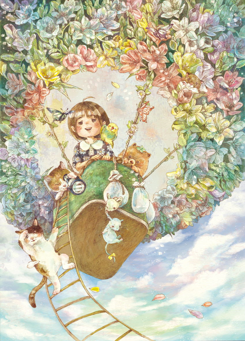 1girl absurdres ahoge animal animal_on_shoulder bird bird_on_shoulder blue_dress blue_sky blush_stickers brown_eyes brown_hair butterfly cat clouds daisy day dress floral_print flower freesia_(flower) from_below hamster highres hot_air_balloon looking_at_viewer mouse natsumipiyo original outdoors parakeet parted_lips petals pomeranian_(dog) ribbon rope_ladder sandbag short_hair short_sleeves sky smile solo spyglass tail tail_ribbon