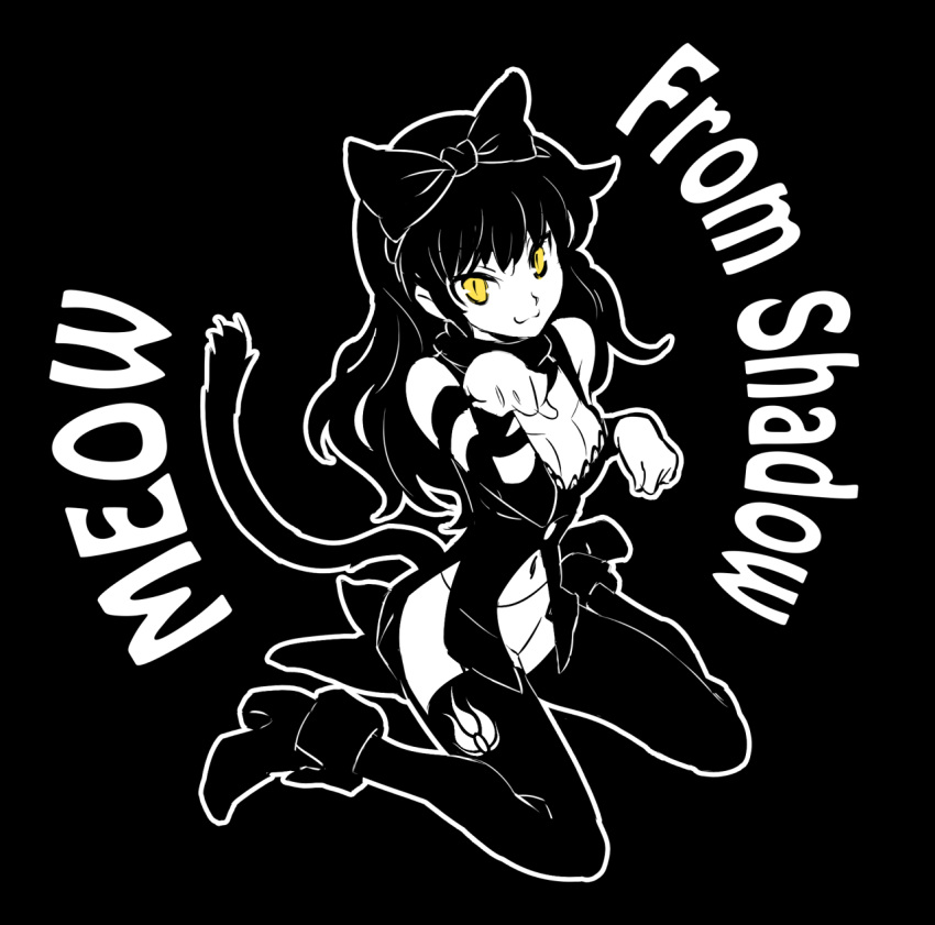 1girl black_hair blake_belladonna boots bow cat_tail english female full_body hair_bow highres iesupa meow monochrome navel paw_pose rwby simple_background solo spot_color tail yellow_eyes
