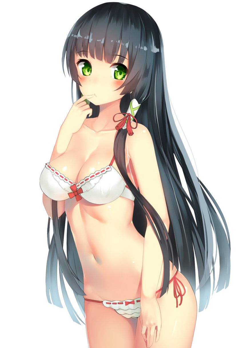 1girl black_hair blush bra breasts cleavage finger_to_mouth gin00 green_eyes hair_ribbon hair_tubes highres kantai_collection long_hair looking_at_viewer mizuho_(kantai_collection) navel panties ribbon simple_background smile solo underwear white_background