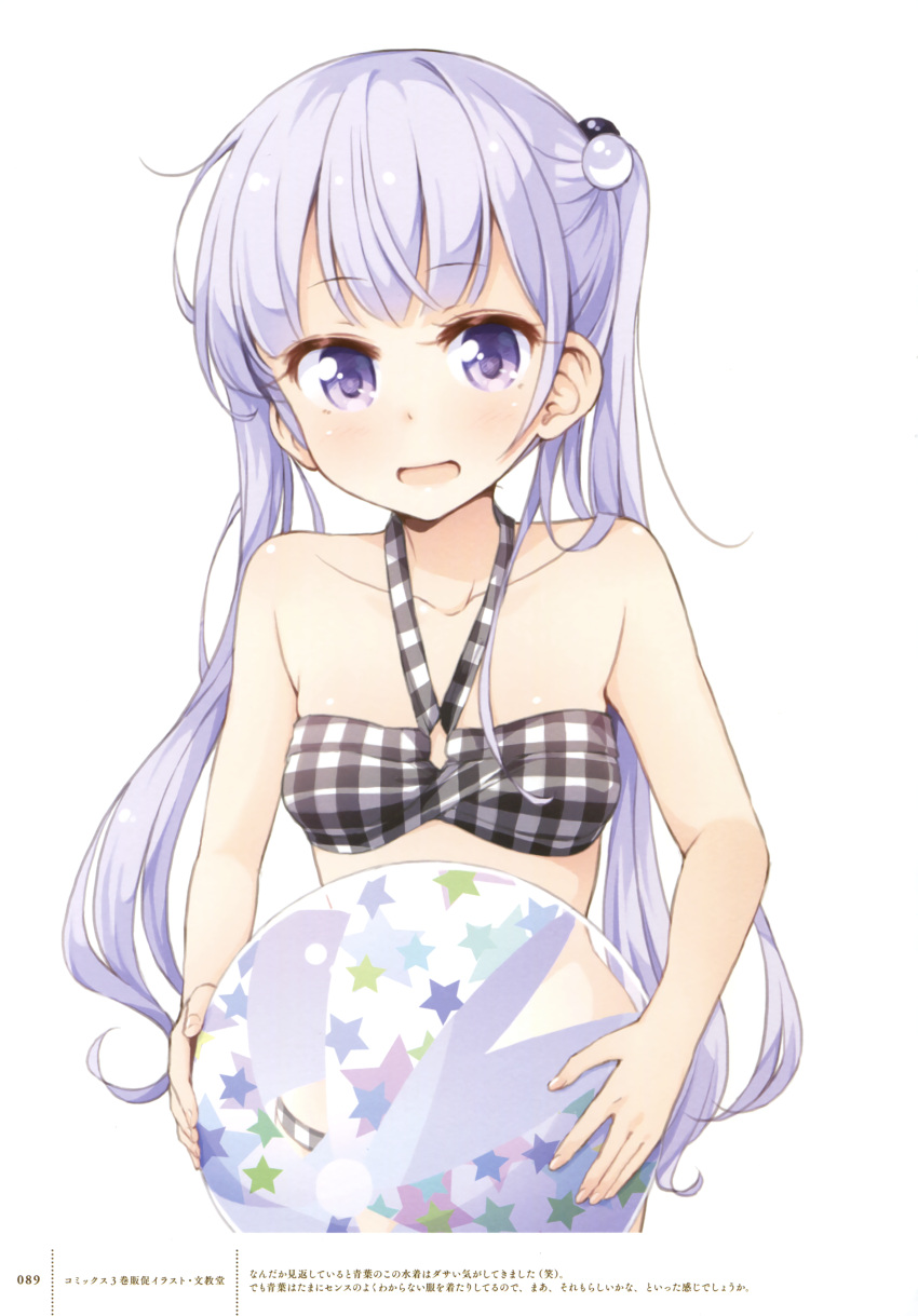 1girl absurdres bikini breasts collarbone eyebrows eyebrows_visible_through_hair highres holding long_hair looking_at_viewer new_game! open_mouth purple_hair simple_background small_breasts solo suzukaze_aoba swimsuit tokunou_shoutarou twintails upper_body violet_eyes white_background
