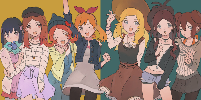 6+girls :d :o ;d akaneu arm_behind_back arm_holding arm_up azurill bangs beanie belt bike_shorts black_hat black_legwear black_shorts blonde_hair blouse blue_(pokemon) blue_eyes blue_hat blue_jacket blue_shorts blush bow bra_strap bracelet breasts brown_hair brown_skirt cardigan casual character_doll choker clenched_hand cowboy_hat cowboy_shot cropped_jacket double_bun dress flat_chest grey_dress grey_eyes grey_skirt hair_ornament hair_ribbon hairband hairclip half_updo halterneck hand_on_another's_arm hand_on_headwear hand_up haruka_(pokemon) haruka_(pokemon)_(remake) hat hat_bow highres hikari_(pokemon) hood hood_down jacket jewelry kotone_(pokemon) leaning_forward long_hair long_sleeves looking_at_viewer low_ponytail mei_(pokemon) midriff miniskirt multiple_girls navel no_hat no_headwear one_eye_closed open_cardigan open_clothes open_mouth orange_eyes orange_hair overalls pantyhose pleated_skirt pokemon pokemon_(game) pokemon_bw pokemon_bw2 pokemon_dppt pokemon_frlg pokemon_hgss pokemon_oras pokemon_xy ponytail purple_skirt raglan_sleeves red_bow red_ribbon ribbon scarf serena_(pokemon) shirt short_dress short_shorts shorts sidelocks sketch skirt sleeves_past_wrists small_breasts smile stomach stuffed_toy sweater_vest swept_bangs t-shirt thigh_gap touko_(pokemon) twintails two-tone_background unzipped v very_long_hair white_shirt