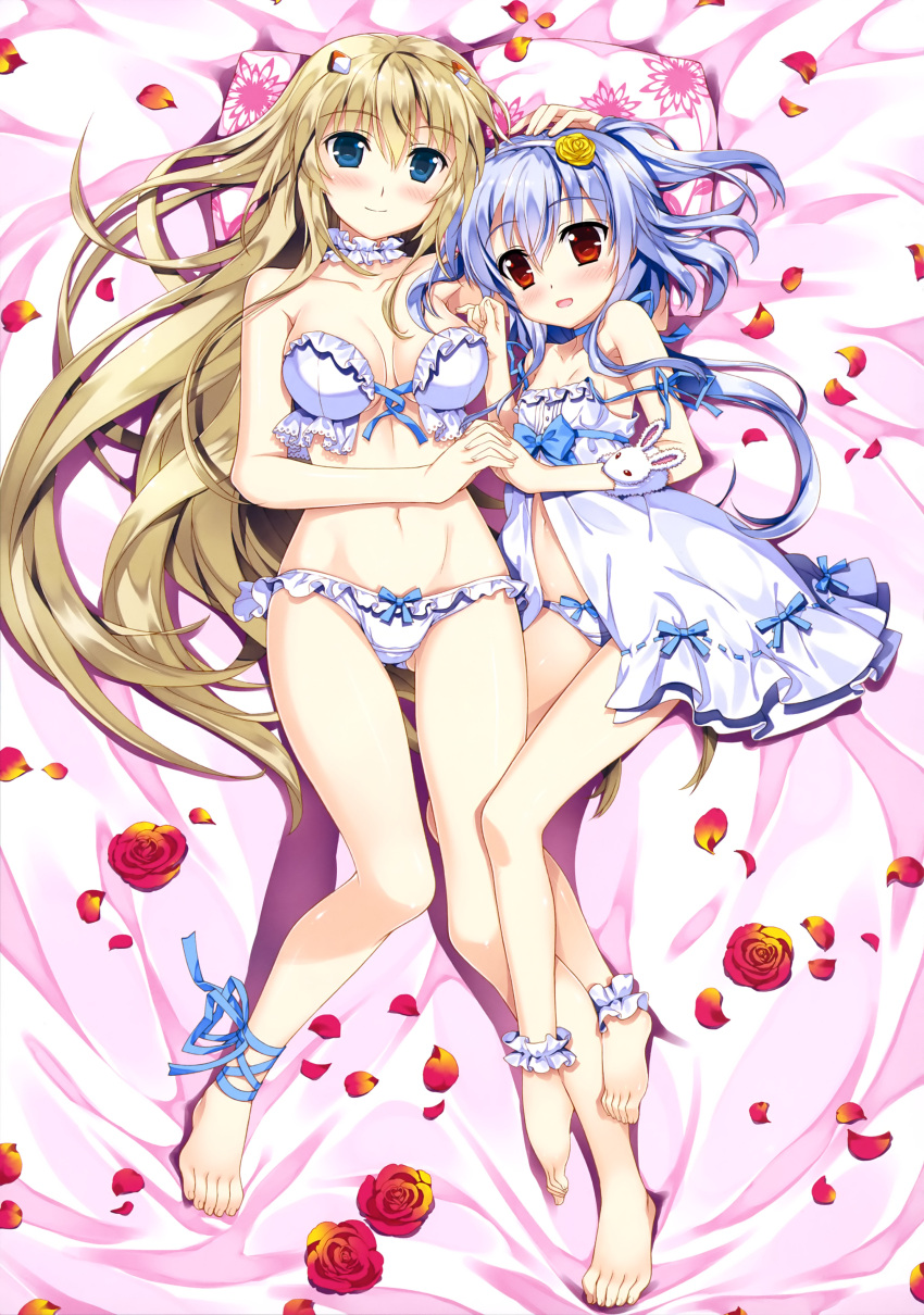 2girls absurdres ankle_cuffs ankle_ribbon barefoot bed_sheet blonde_hair blue_eyes blue_hair blue_ribbon bra breasts choker cleavage collarbone eyebrows eyebrows_visible_through_hair flower frilled_bra frilled_panties frills from_above front-tie_top fujima_takuya groin hair_flower hair_ornament hairband hand_holding highres interlocked_fingers kagamihara_azumi long_hair looking_at_viewer lying medium_breasts multiple_girls navel on_back open_mouth panties red_flower ribbon rigel_(z/x) small_breasts smile strapless strapless_bra underwear underwear_only untied_bra very_long_hair white_background white_hairband white_panties yellow_flower z/x