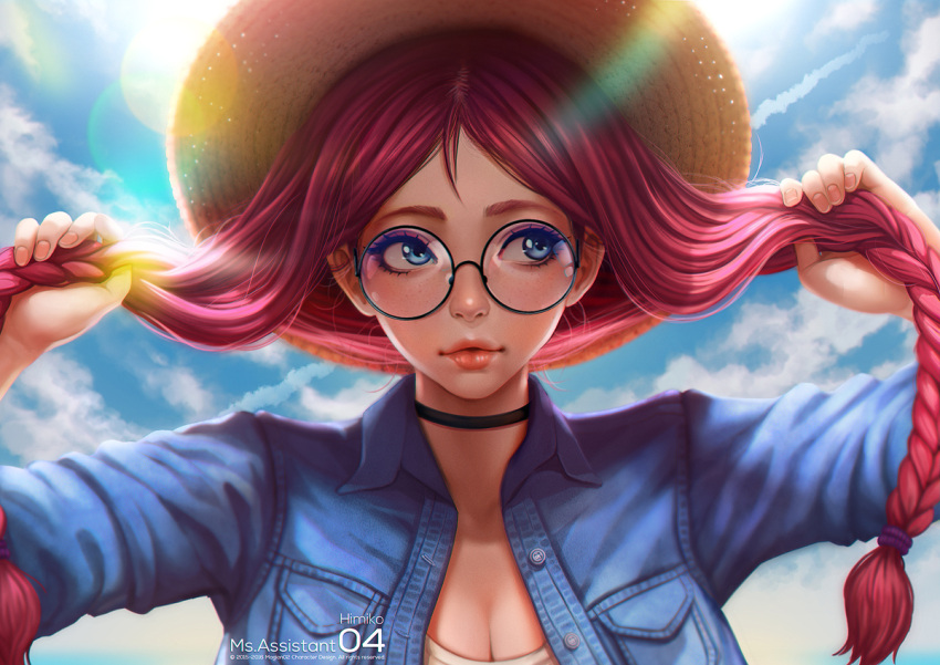 1girl 2015 2016 artist_name bangs black_choker blue_eyes blue_shirt blue_sky breasts buttons choker cleavage closed_eyes collared_shirt copyright_name day eyebrows eyelashes fingernails freckles glasses hair_tie hat holding holding_hair lens_flare lips long_hair long_sleeves looking_afar looking_up magion02 medium_breasts ms.assistant nail_polish nose original outdoors parted_lips pink_hair pink_nails round_glasses shirt sky solo straw_hat sun_hat swept_bangs twintails unbuttoned upper_body wing_collar