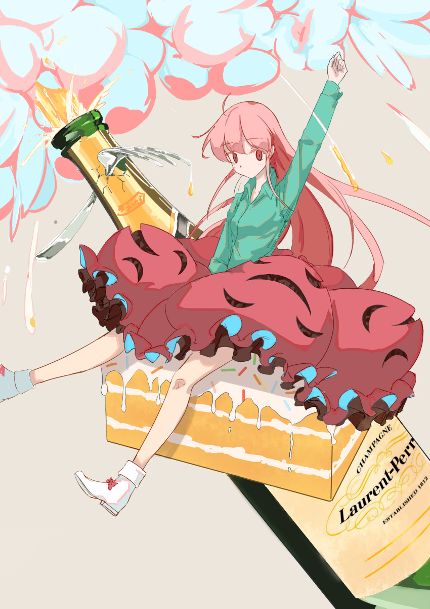 1girl absurdres ahoge alcohol ankle_boots arm_up bangs blouse blush boots bottle bow bubble_skirt cake champagne champagne_bottle closed_mouth collared_shirt dress_shirt expressionless eyebrows eyebrows_visible_through_hair food fork frilled_skirt frills green_shirt hata_no_kokoro highres long_hair long_skirt long_sleeves looking_at_viewer pink_eyes pink_hair shirt shoe_bow shoes sitting skirt solo touhou very_long_hair white_boots