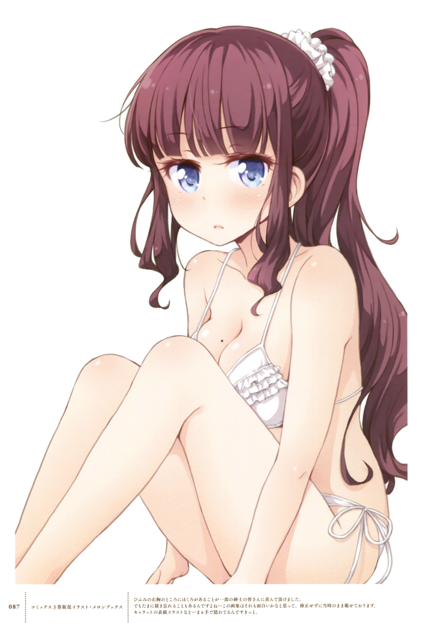 1girl absurdres bare_shoulders bikini blue_eyes breasts brown_hair cleavage collarbone eyebrows eyebrows_visible_through_hair hair_ornament hair_scrunchie high_ponytail highres long_hair looking_at_viewer medium_breasts mole mole_on_breast new_game! scrunchie shiny shiny_skin side-tie_bikini simple_background sitting solo swimsuit takimoto_hifumi tokunou_shoutarou white_background white_bikini