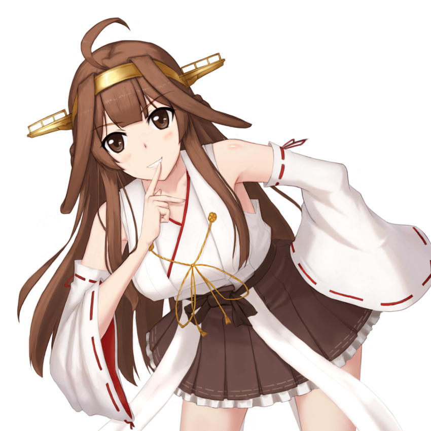 1girl ahoge bare_shoulders blush breasts brown_eyes brown_hair detached_sleeves ghound hairband headgear highres japanese_clothes kantai_collection kongou_(kantai_collection) leaning_forward long_hair looking_at_viewer nontraditional_miko parted_lips ribbon-trimmed_sleeves ribbon_trim solo