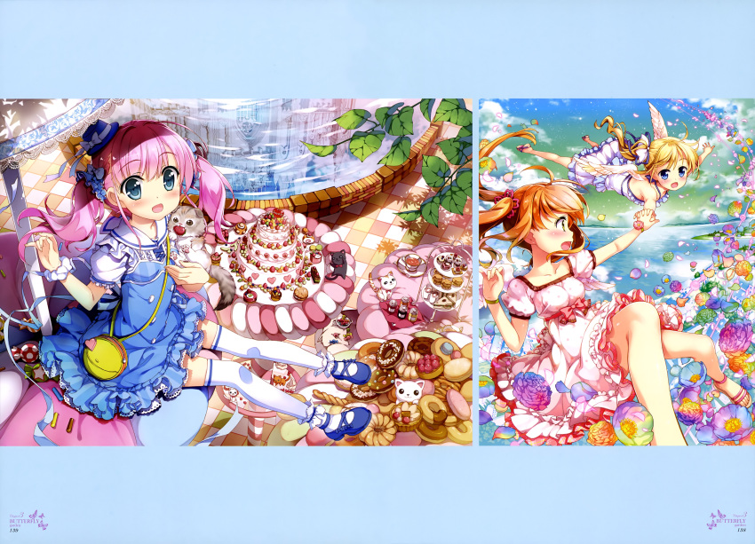3girls absurdres blonde_hair blue_dress blue_eyes blue_hat bracelet breasts brown_hair cat collarbone dress eyebrows eyebrows_visible_through_hair feathered_wings feet flower flying fujima_takuya hair_ornament hair_ribbon hand_holding hat highres interlocked_fingers jewelry long_hair medium_breasts mini_hat multiple_girls open_mouth original outstretched_arm outstretched_arms pink_hair ribbon scan side_ponytail sleeveless sleeveless_dress thigh-highs toes twintails white_dress white_legwear white_ribbon wings wrist_cuffs zettai_ryouiki