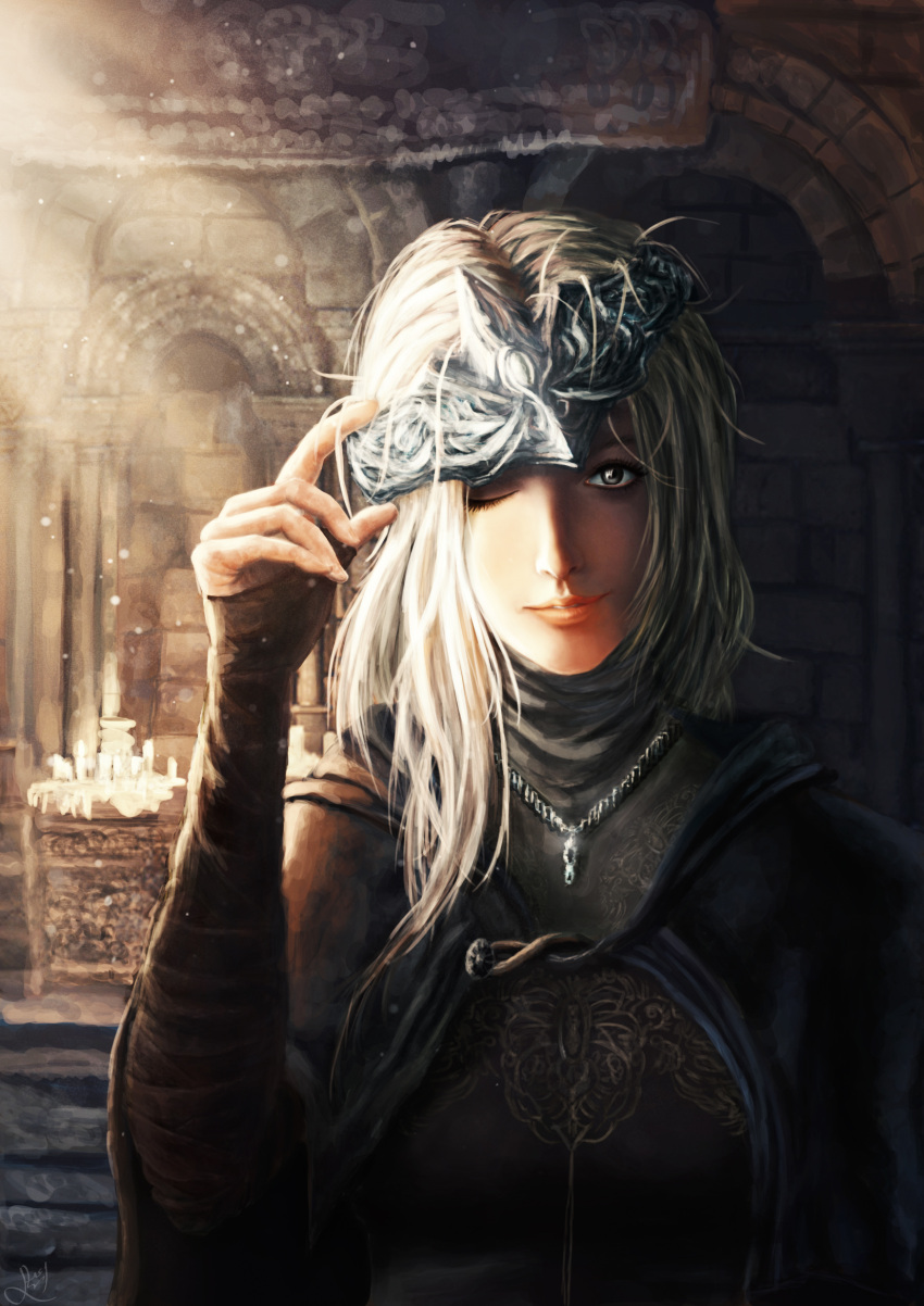 1girl blonde_hair cloak dark_souls_iii fire_keeper grey_eyes highres jewelry long_hair necklace one_eye_closed smile solo souls_(from_software)