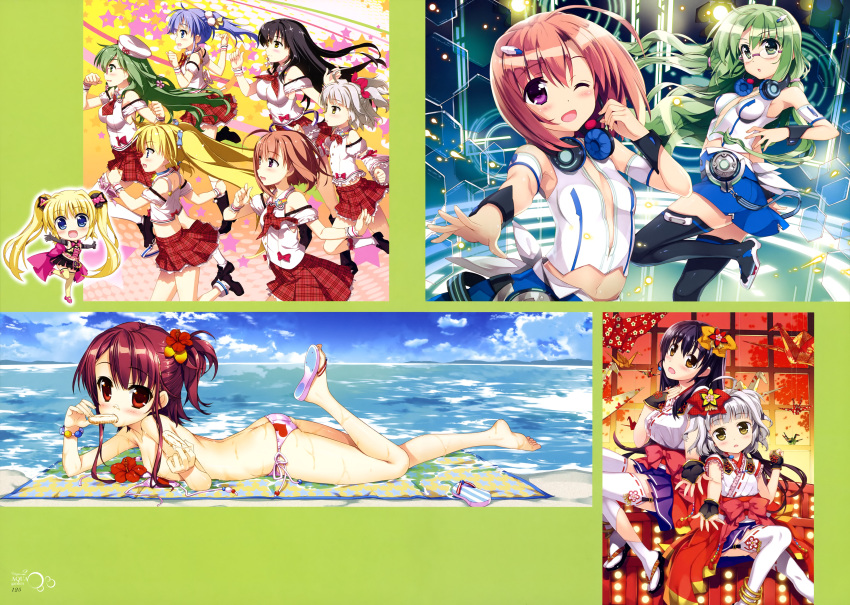 6+girls absurdres ahoge ass barefoot bikini black_gloves black_hair black_legwear blue_hair blue_skirt bow bracelet breasts bridal_gauntlets brown_hair chibi chocker cleavage collarbone doughnut eating elbow_gloves eyebrows eyebrows_visible_through_hair feet flower food from_side fujima_takuya garter_straps glasses gloves green_eyes green_hair hair_bow hair_flower hair_ornament hairclip headphones headphones_around_neck heart hibiscus highres jewelry lace lace-trimmed_thighhighs long_hair looking_at_viewer lying medium_breasts midriff multiple_girls navel neck_ribbon necktie ocean on_stomach one_eye_closed one_leg_raised one_side_up open_mouth orange_bow outdoors outstreched_arms outstretched_arms pink_bikini pleated_skirt purple_skirt red_bow red_eyes red_flower red_necktie red_ribbon red_skirt ribbon running scan shirt shoes_removed short_hair short_necktie side-tie_bikini silver_hair single_shoe skirt sleeveless sleeveless_shirt small_breasts smile_shooter swimsuit thigh-highs toes twintails untied untied_bikini very_long_hair violet_eyes white_shirt wrist_cuffs yellow_eyes yellow_legwear zettai_ryouiki
