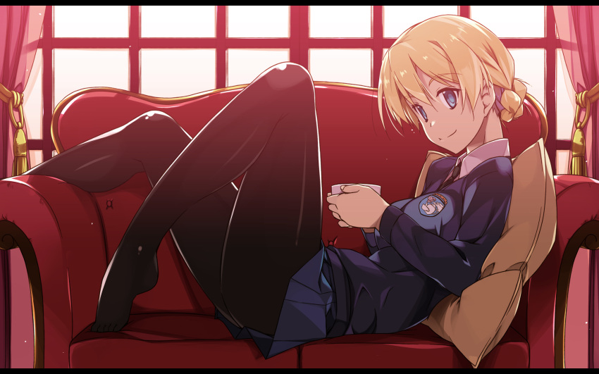 1girl backlighting bangs black_legwear black_necktie blonde_hair blue_eyes blue_skirt blue_sweater braid breasts closed_mouth collared_shirt couch cup curtains darjeeling emblem eyebrows eyebrows_visible_through_hair from_side girls_und_panzer hair_between_eyes highres holding holding_cup indoors leaning_back legs letterboxed long_sleeves looking_at_viewer lying medium_breasts miniskirt necktie no_shoes on_back on_couch pantyhose pillow pleated_skirt shikei shiny shiny_clothes shiny_hair shirt short_hair skirt smile solo sweater tassel teacup thighs tied_hair v-neck white_shirt window