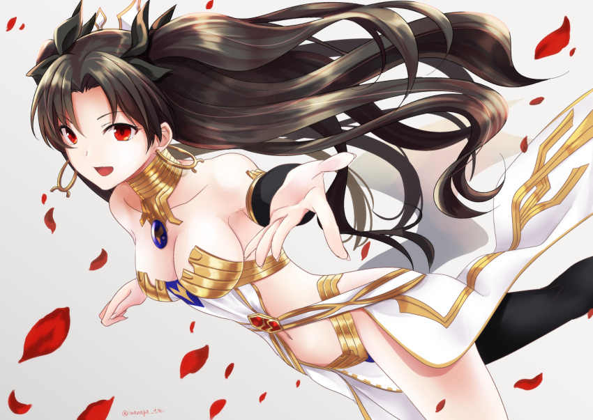 1girl :d artist_name bare_shoulders black_hair black_legwear breasts commentary_request crown earrings fate/grand_order fate_(series) hair_ornament hair_ribbon hoop_earrings ishtar_(fate/grand_order) iwanaga_tm jewelry long_hair looking_at_viewer open_mouth outstretched_arm outstretched_hand pelvic_curtain petals reaching red_eyes ribbon rose_petals single_thighhigh smile solo thigh-highs tohsaka_rin twintails two_side_up