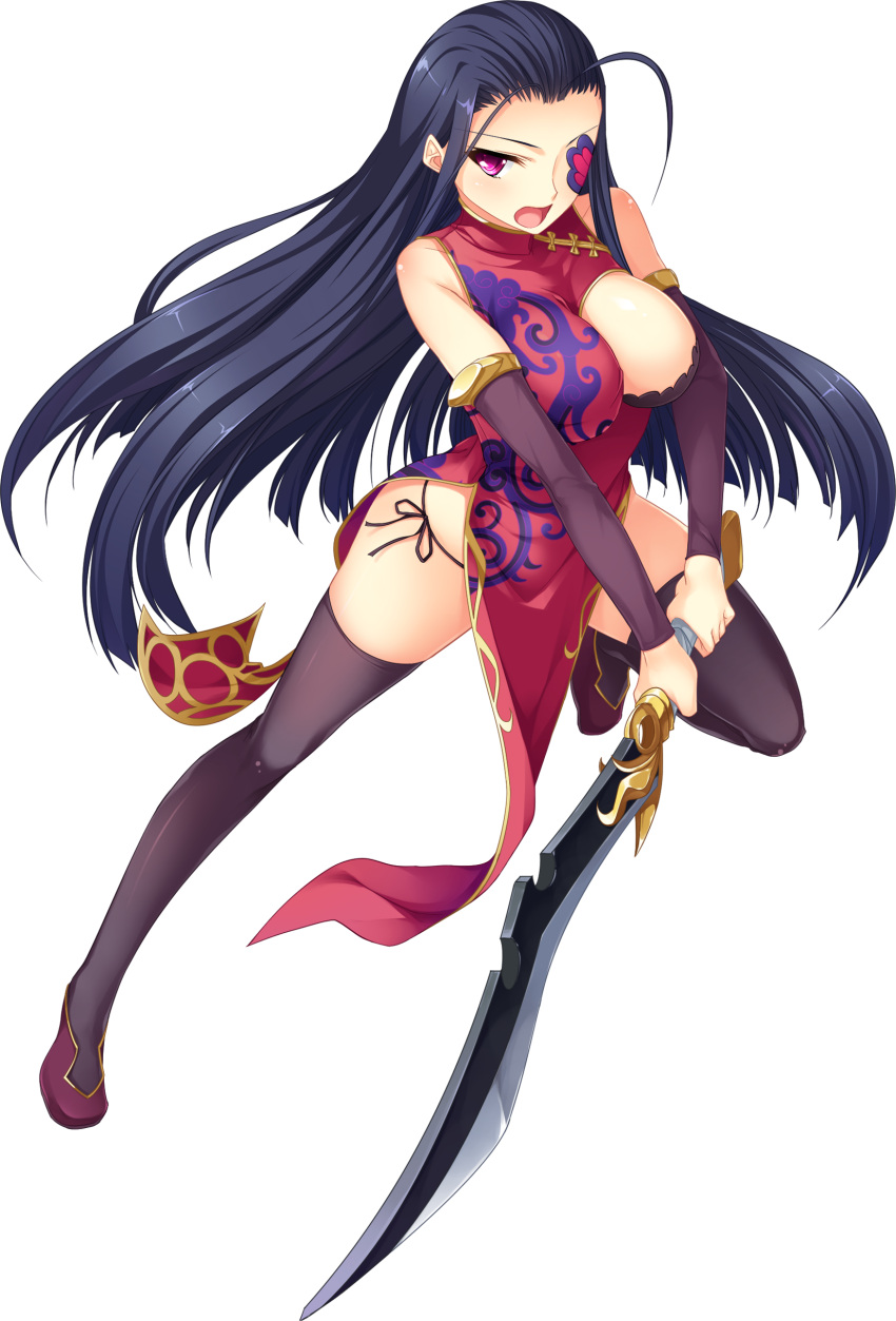 1girl absurdres artist_request bare_shoulders black_hair black_legwear breasts china_dress chinese_clothes dress elbow_gloves eyepatch full_body gloves highres holding holding_weapon kakouton koihime_musou large_breasts long_hair looking_at_viewer open_mouth panties pelvic_curtain shoes side-tie_panties solo sword transparent_background underwear violet_eyes weapon