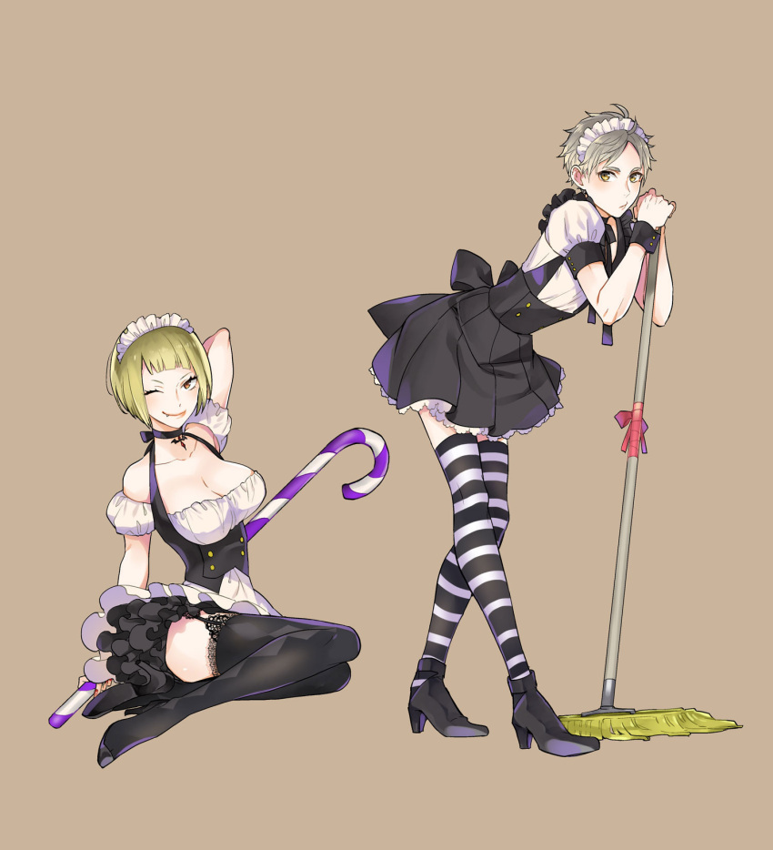 1boy 1girl ;) arm_behind_head bare_shoulders black_legwear black_shoes black_skirt blonde_hair breasts brown_background candy candy_cane choker cleavage fang_out food frilled_skirt frills garter_straps grey_hair haikyuu!! high-waist_skirt high_heels highres lace lace-trimmed_thighhighs large_breasts leaning_forward leaning_on_object looking_at_viewer maid maid_headdress mop one_eye_closed puffy_short_sleeves puffy_sleeves red_eyes shoes short_hair short_sleeves simple_background sitting skirt smile standing striped striped_legwear sugawara_koushi suzukawa_makoto tanaka_saeko_(haikyuu!!) thigh-highs trap wrist_cuffs yellow_eyes